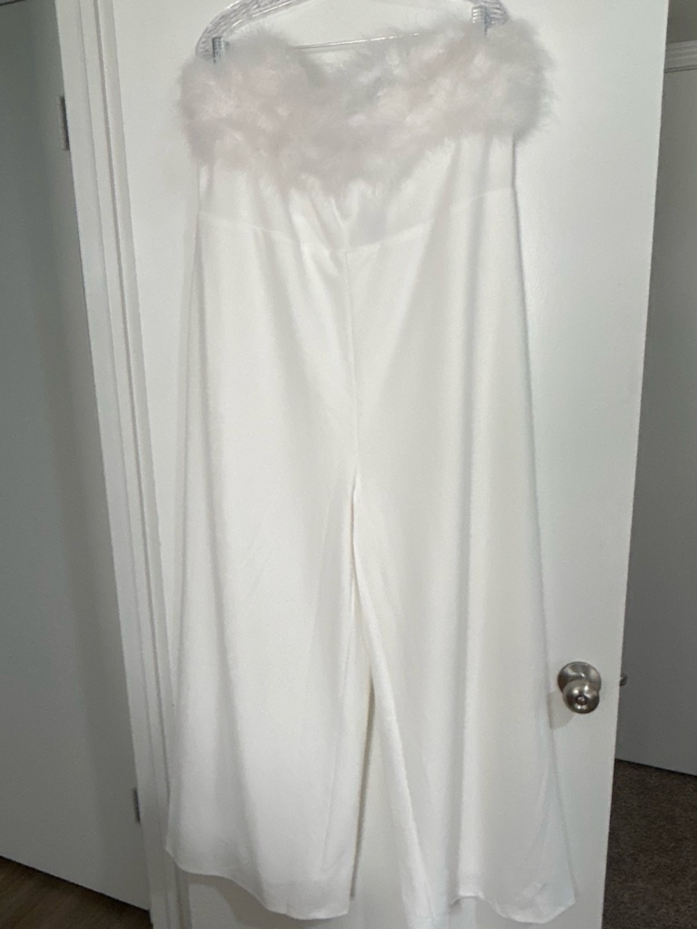 White Wide Leg Jumpsuit with Feather Trim